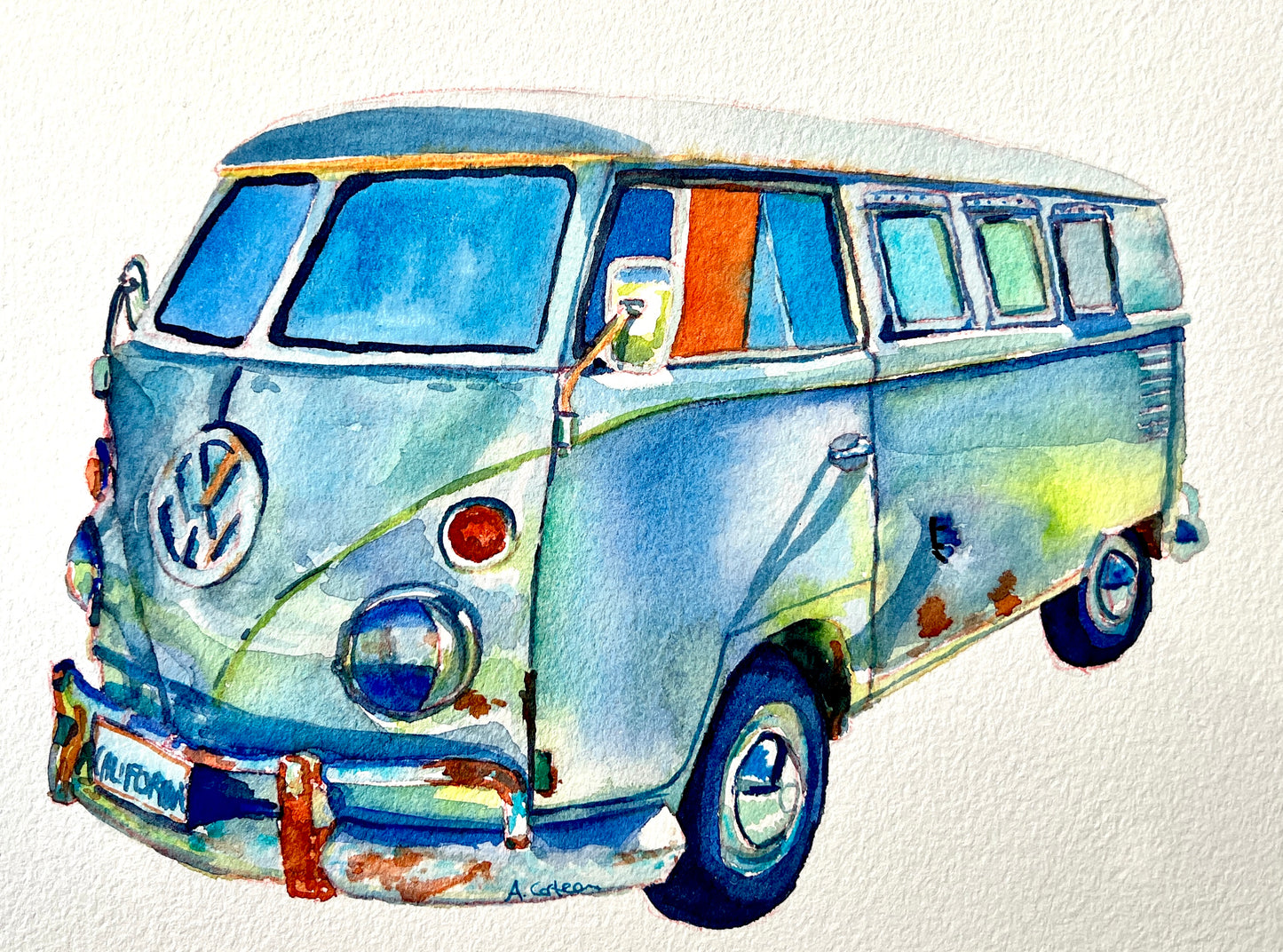 Rust and Aqua Bus 9x12in.