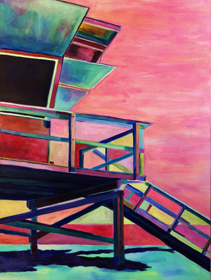 Fauvist style lifeguard tower from Southern California. California beach art. Brightly colored lifeguard tower painting.