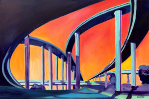 painting of freeway in bright colors using fauvism. Mid century modern color scheme. Interior design art.