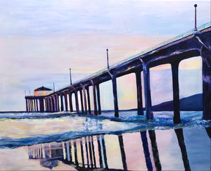 Manhattan beach pier painting with subtle rainbow sky. Large seascape painting for sale