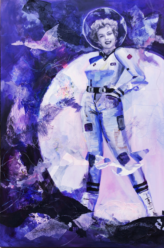Another Place, Another Time artwork for sale. Vintage style collage and painting in purples. Female vintage astronaut with mid century vibe.