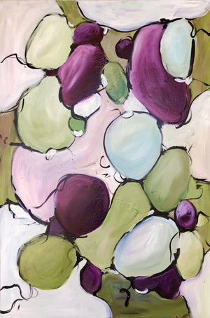 Balloon Rocks abstract contemporary painting by Alison Corteen. Acrylic painting with green and purple for sale.