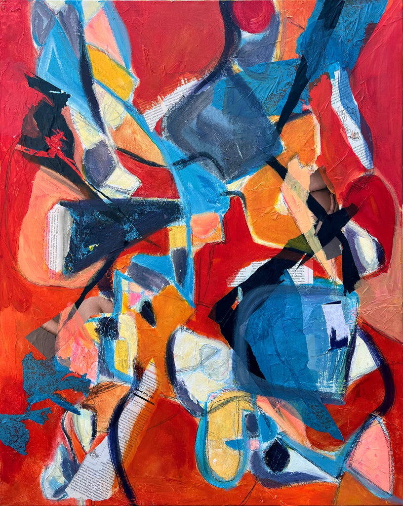 Bright, vibrant and energetic abstract. With acrylic and collage. Oranges, reds, yellows and blues.