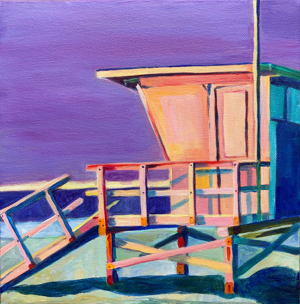 End of the Day lifeguard tower painting. California coast in purples, peaches and turquoise